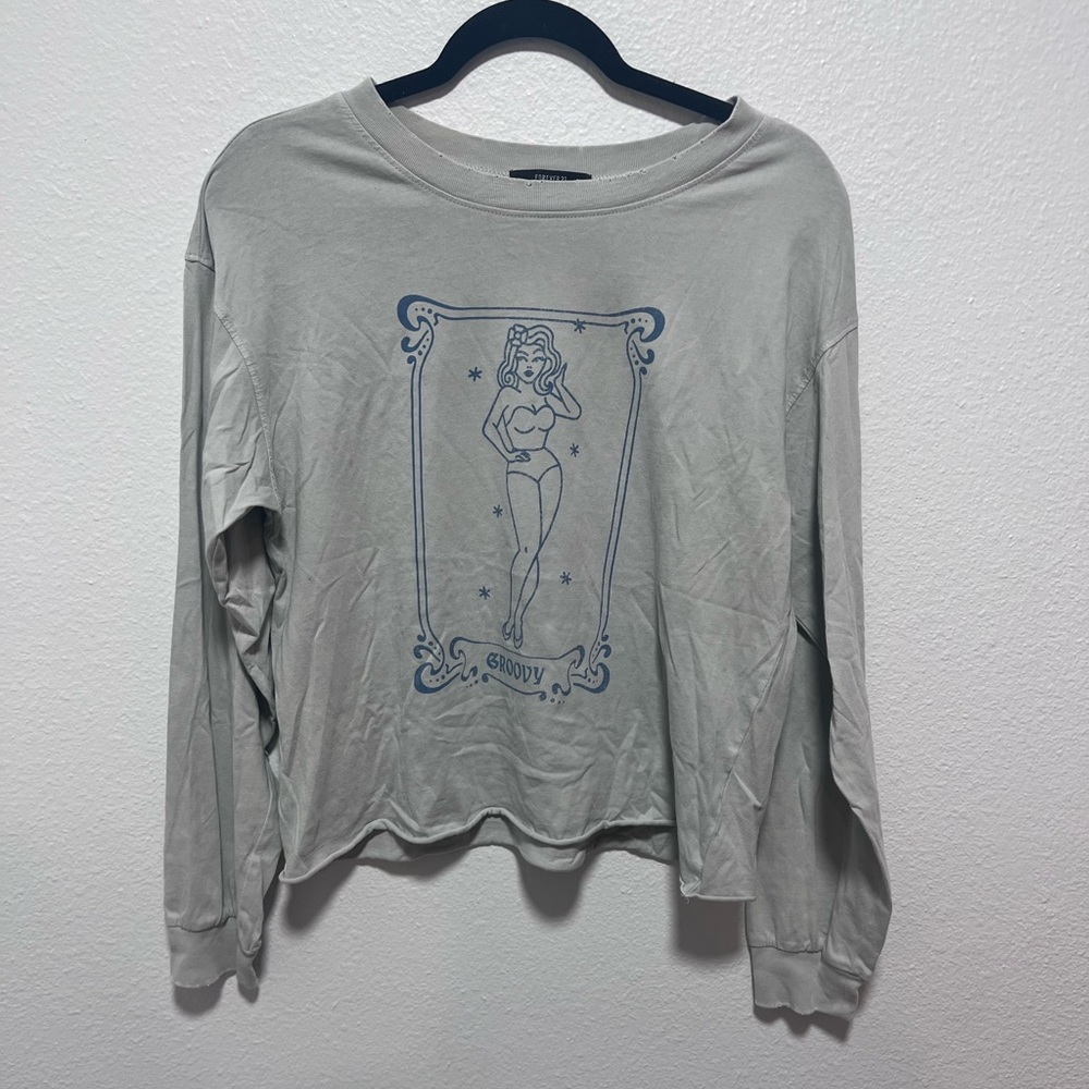 Forever 21 Groovy Pinup Girl Teal Long Sleeve Tee Size Medium